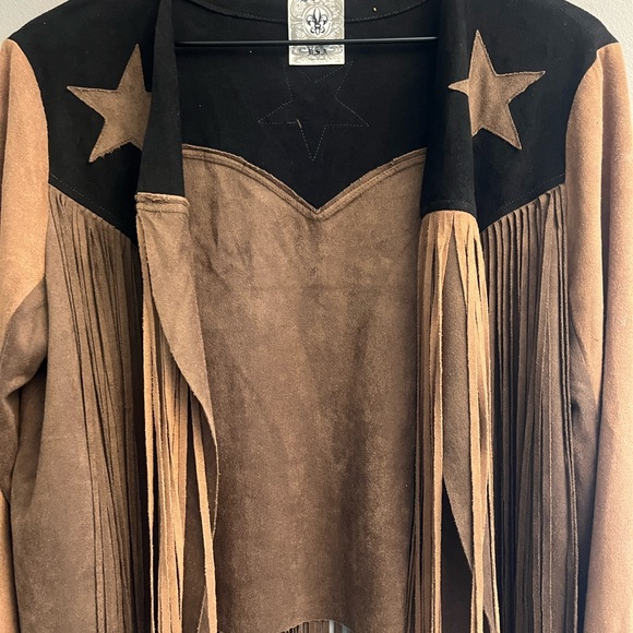 Vocal Black and Tan Star Fringe Leather Jacket - Picture 2 of 7